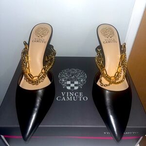 Vince Camuto Ashna Black Leather Chain Slip-On Pointed Toe Mules. Never Worn.